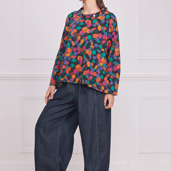 Blouse femme manches longues à pois multicolores – 100% coton