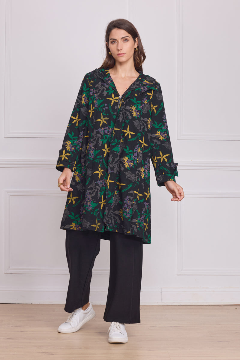 Manteau à capuche noir motifs nature – 100% coton