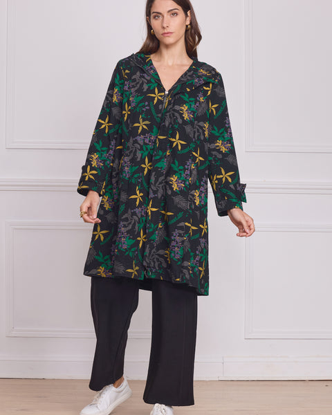 Manteau à capuche noir motifs nature – 100% coton