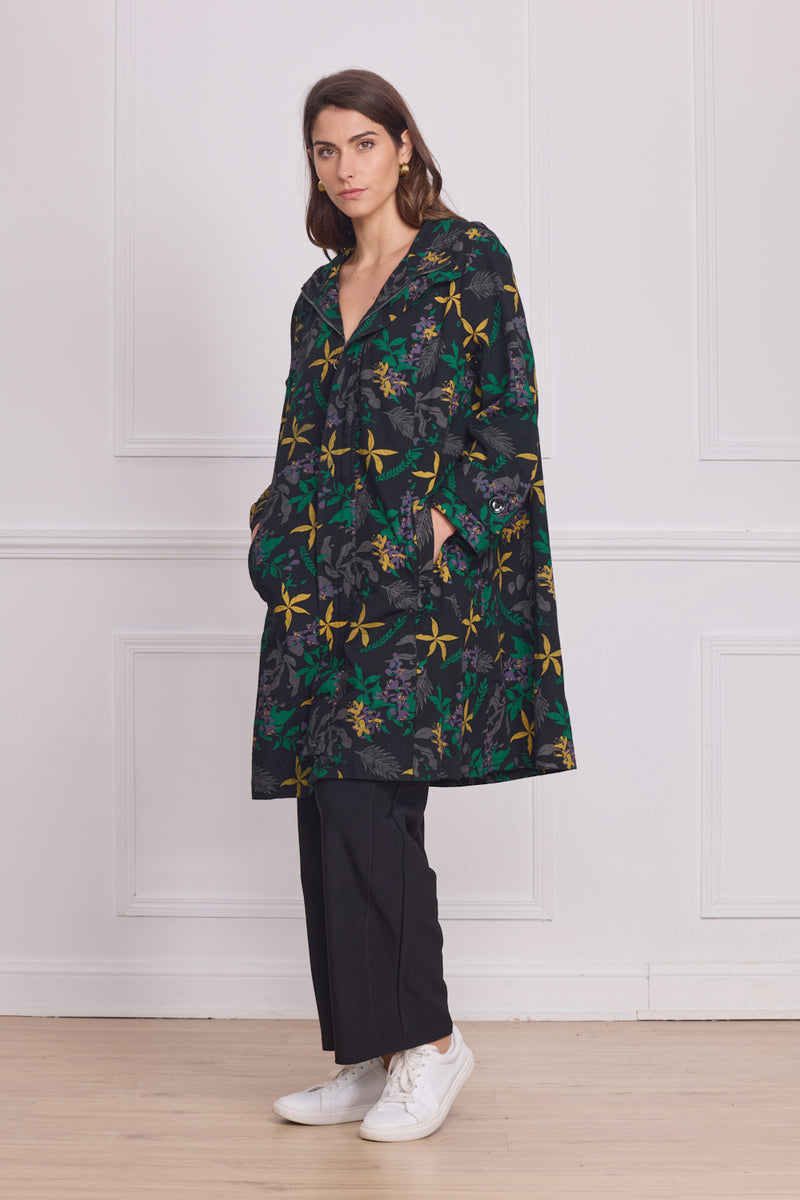 Manteau à capuche noir motifs nature – 100% coton