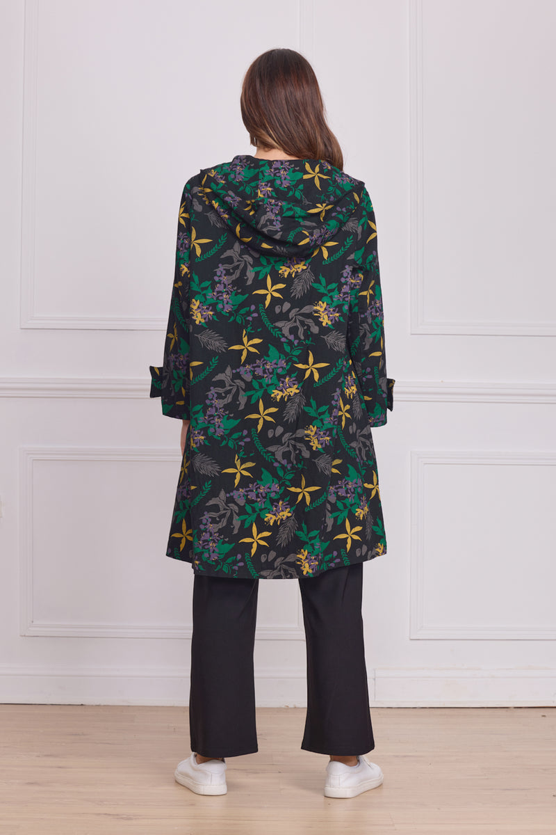 Manteau à capuche noir motifs nature – 100% coton