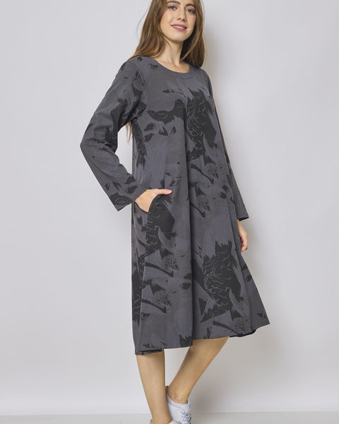 Robe longue grise en coton à motifs aigle