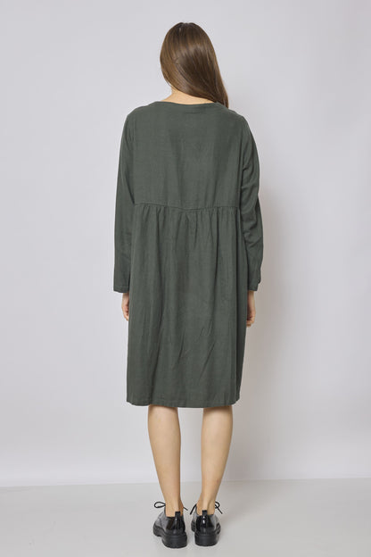 Robe verte mi-longue en coton et lin