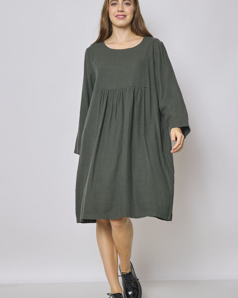 Robe verte mi-longue en coton et lin