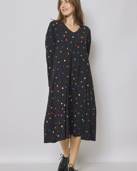 Robe longue noire à pois colorés