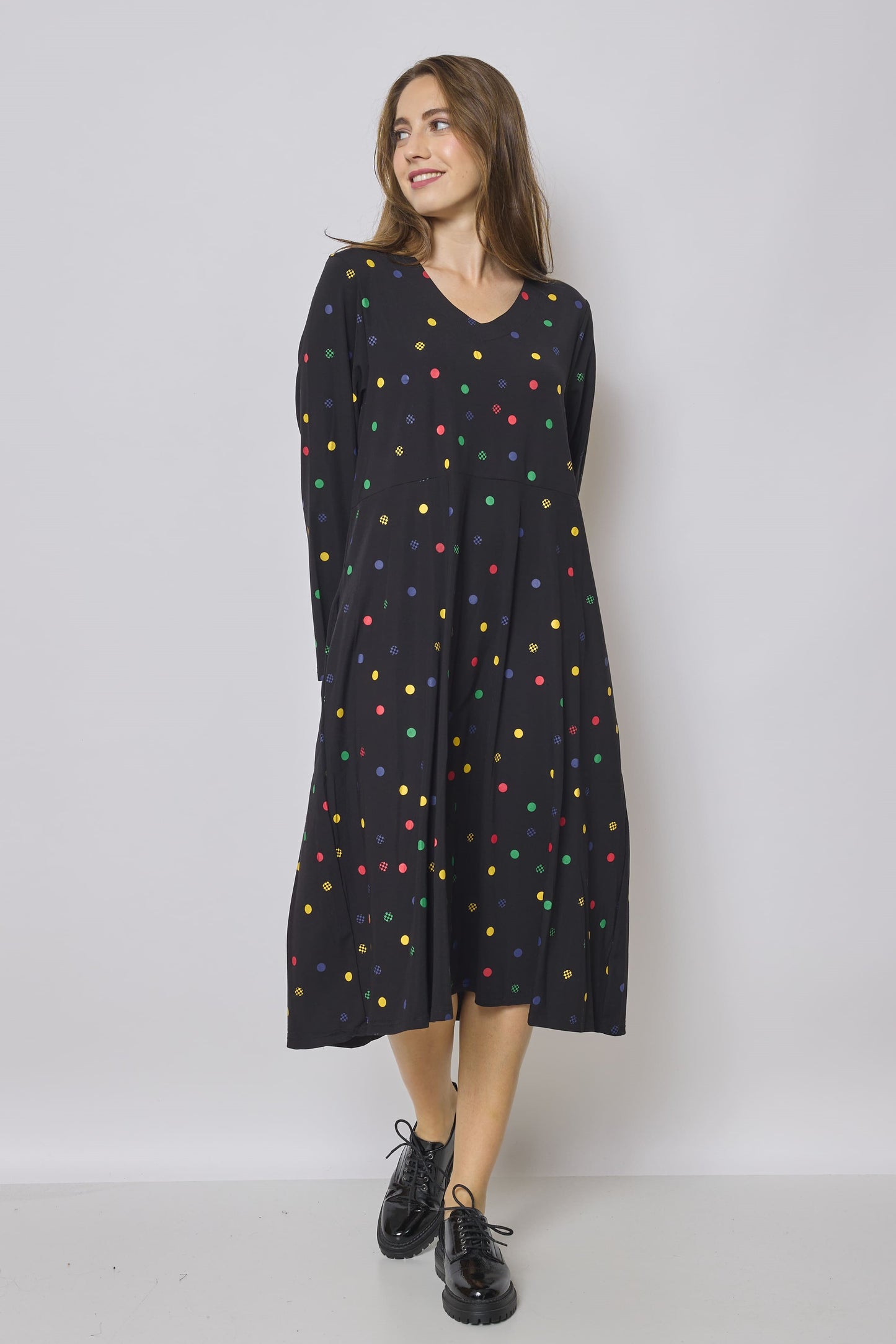 Long black dress with colorful polka dots