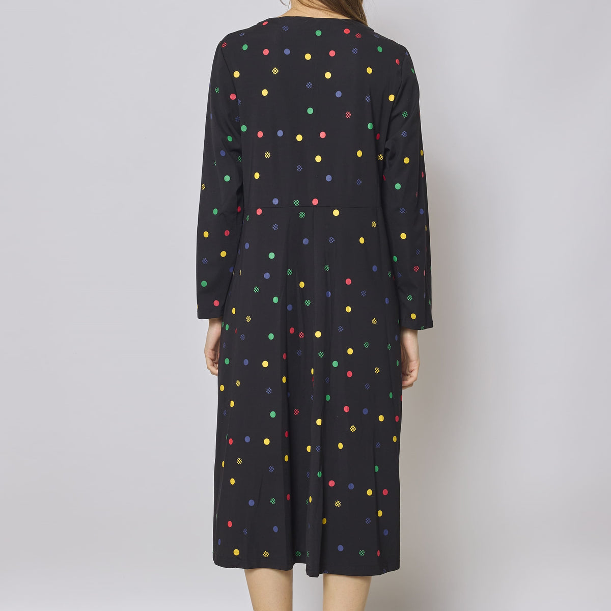 Robe longue noire à pois colorés