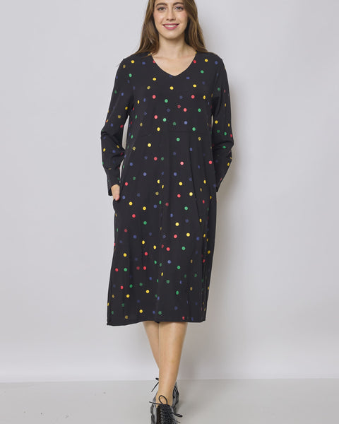 Robe longue noire à pois colorés