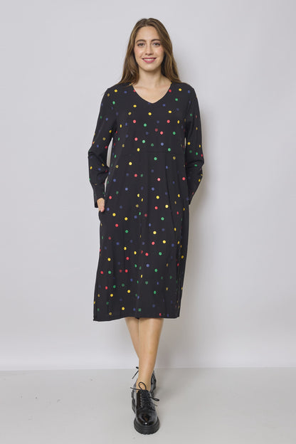 Long black dress with colorful polka dots
