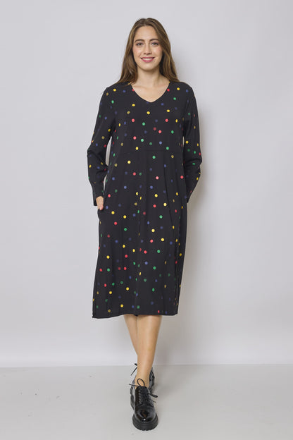 Robe longue noire à pois colorés