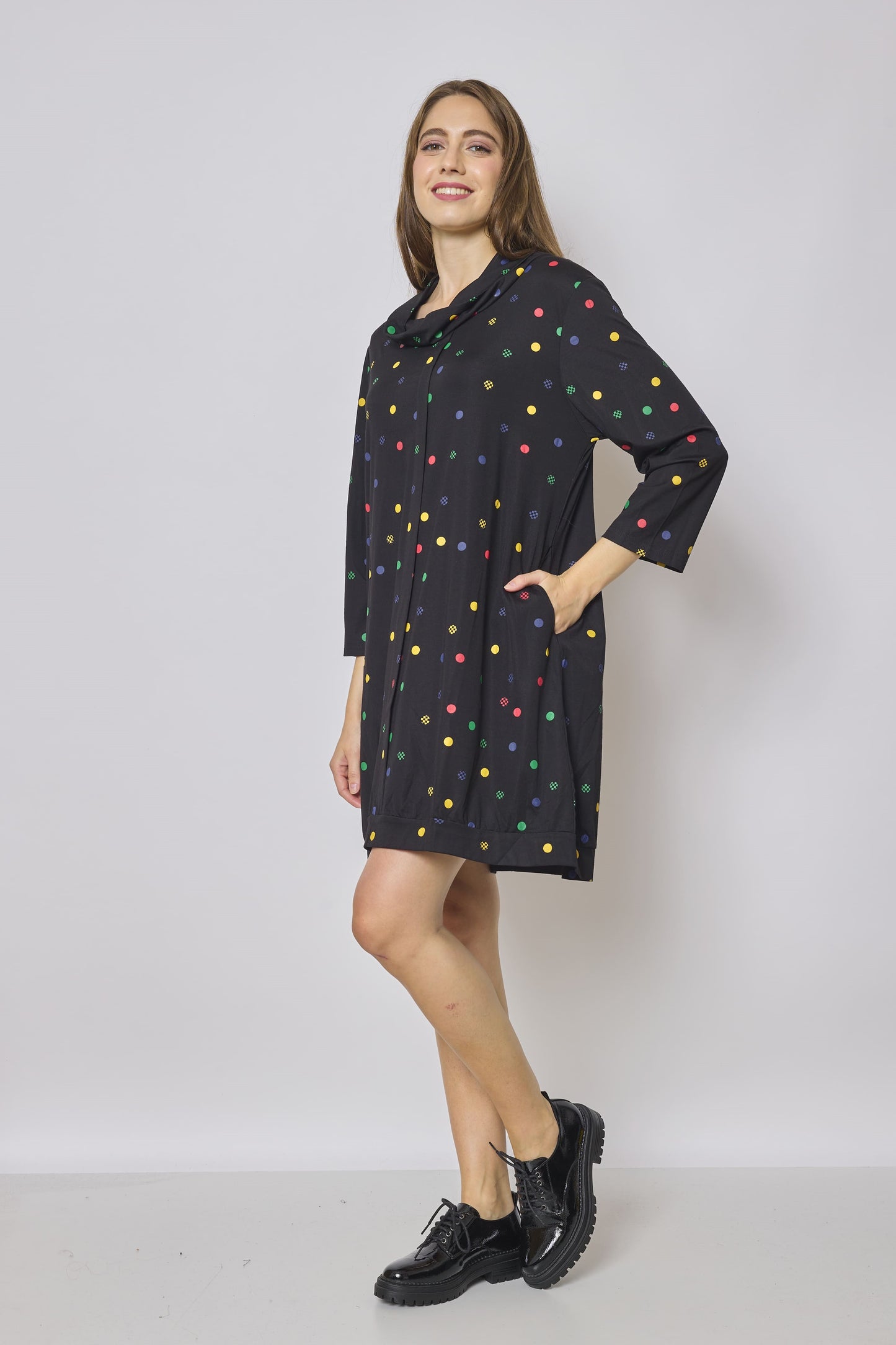 Colorful polka dot turtleneck tunic dress