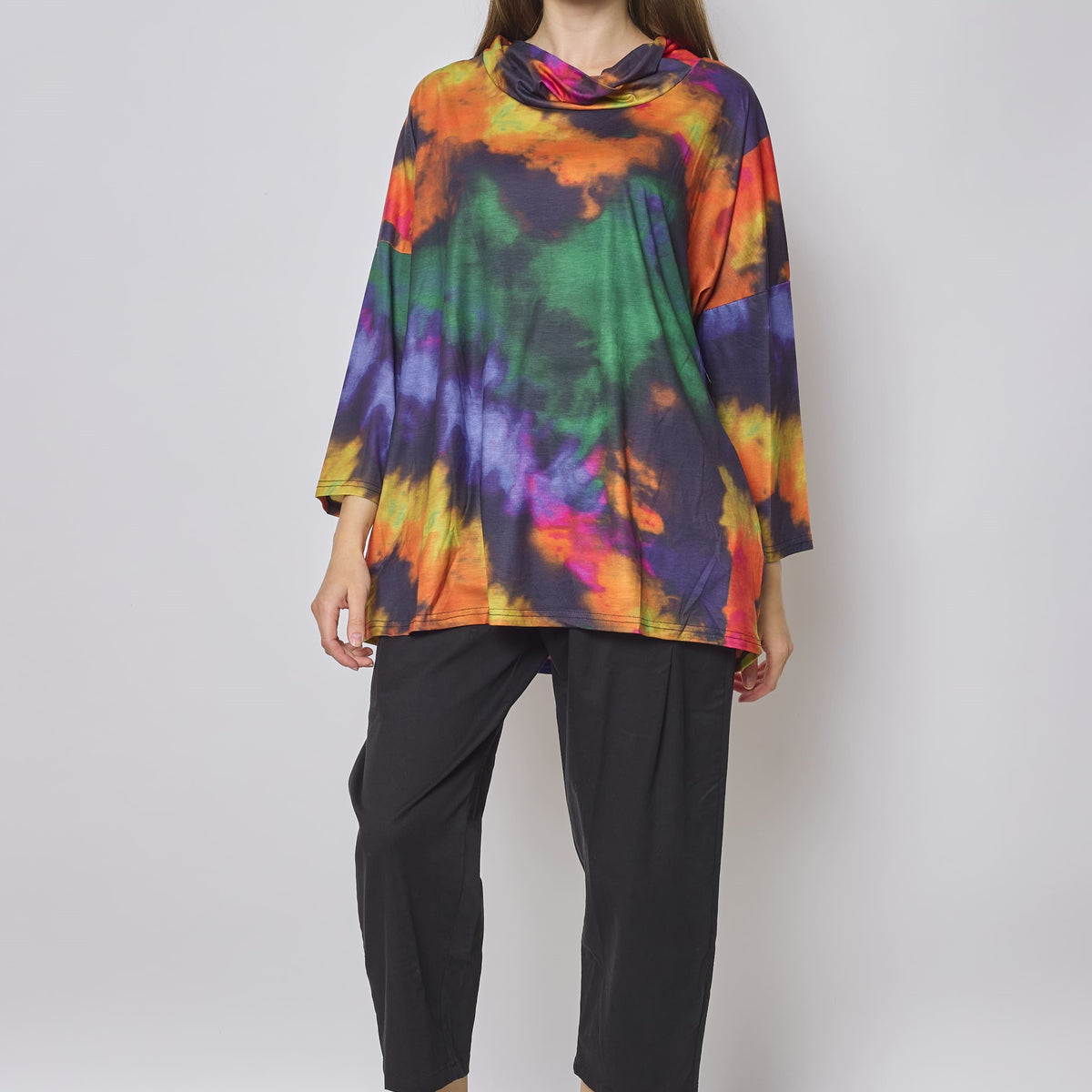 Blouse orange multicolore col roulé