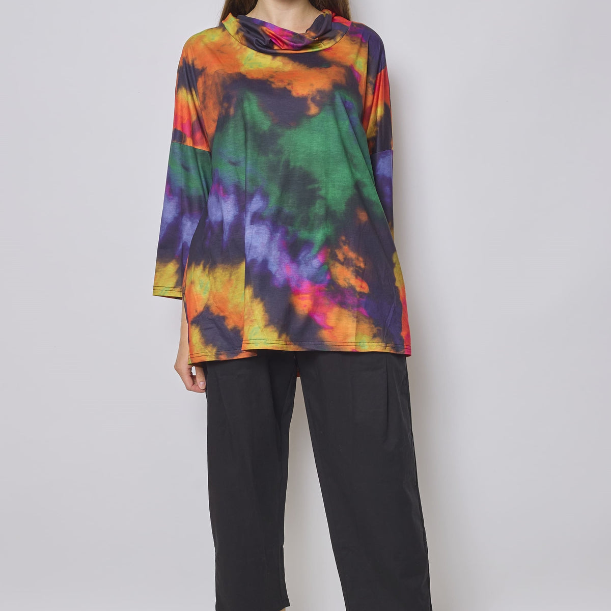 Blouse orange multicolore col roulé