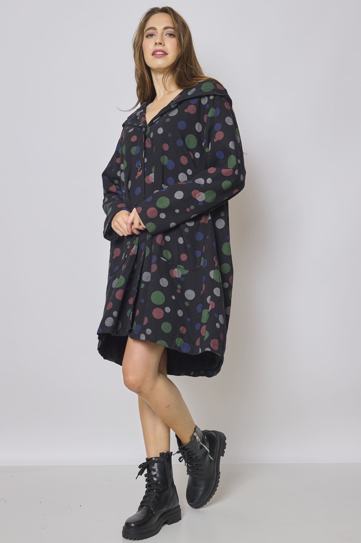 Light black coat with round patterns