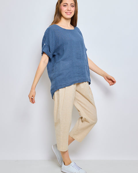 Top en lin avec manches à pattes boutonnées