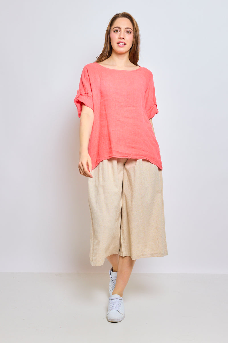 Top en lin avec manches à pattes boutonnées