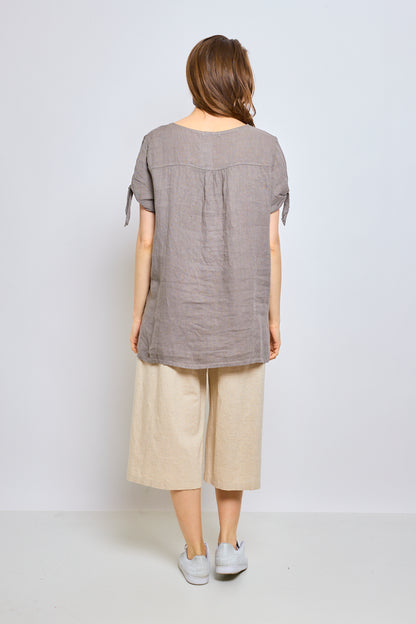 Linen top with tied sleeves and slit back