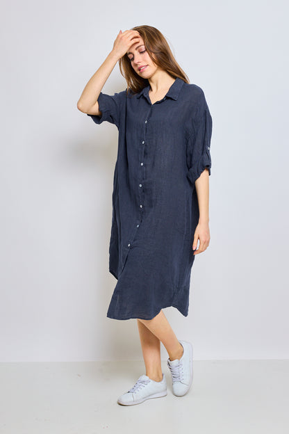 Long linen shirt with buttoned tab sleeves