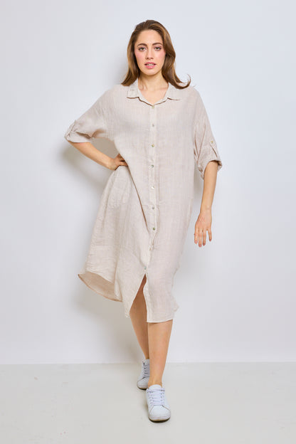 Long linen shirt with buttoned tab sleeves