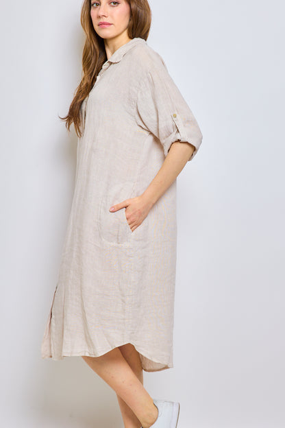 Long linen shirt with buttoned placket sleeves