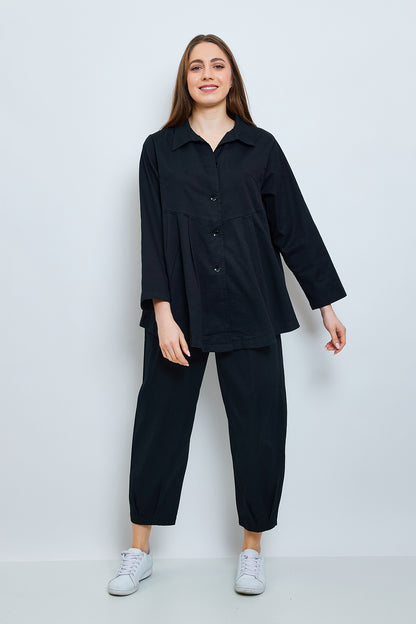 Plain half-ruffled cotton shirt