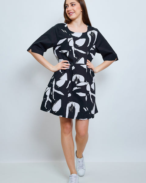 Robe tunique noire à motifs blancs