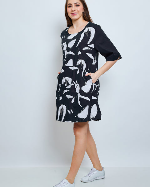 Robe tunique noire à motifs blancs