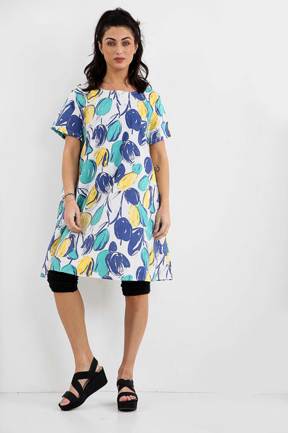 Colorful tunic dress with in-shell fruit inspiration