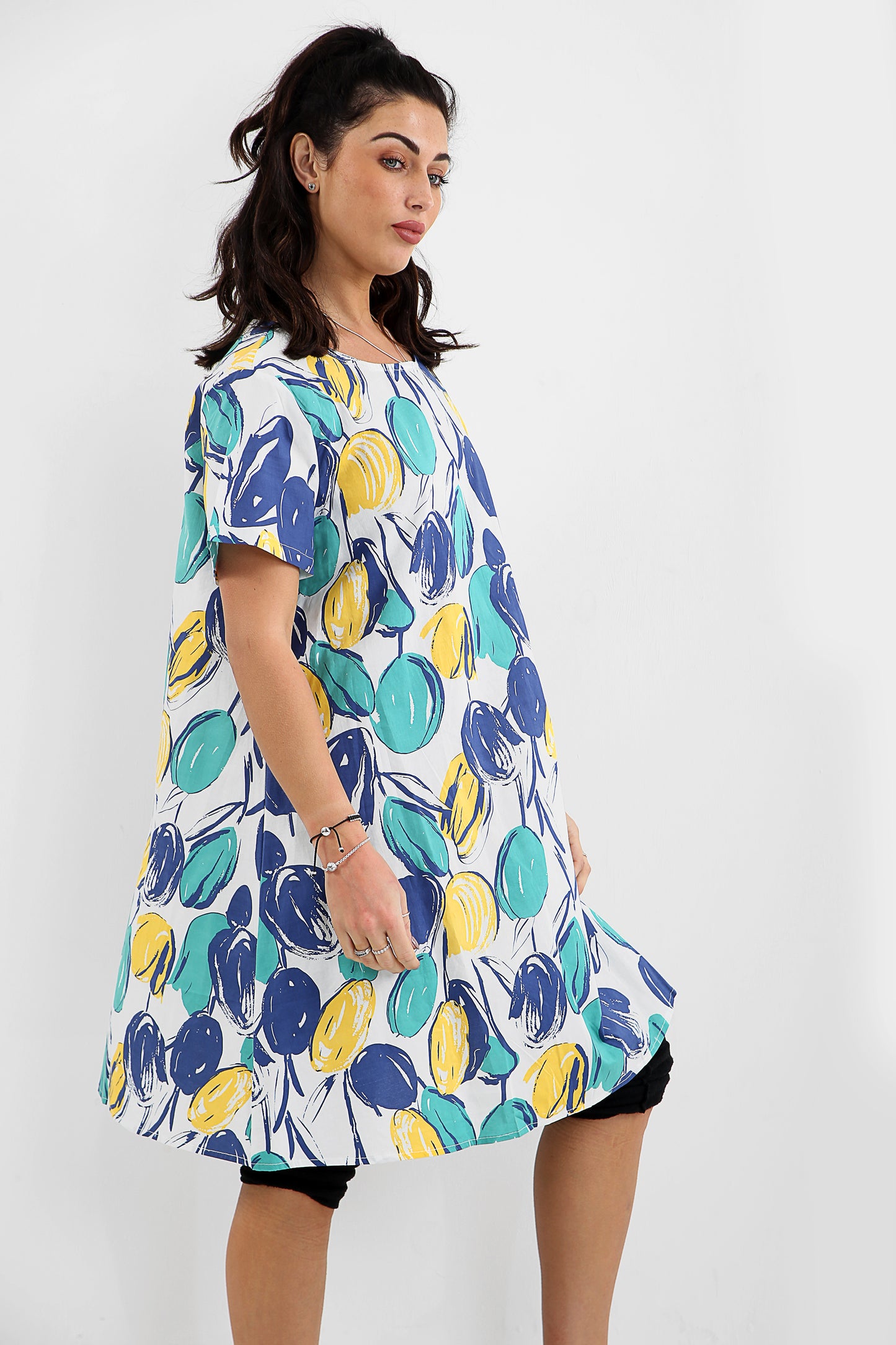 Colorful tunic dress with in-shell fruit inspiration