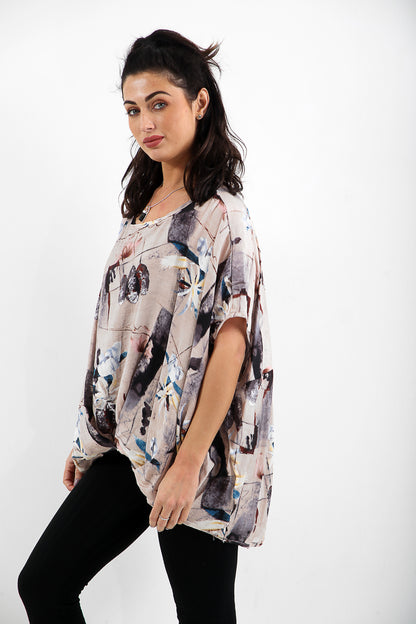 Tunic blouse in part black and prints