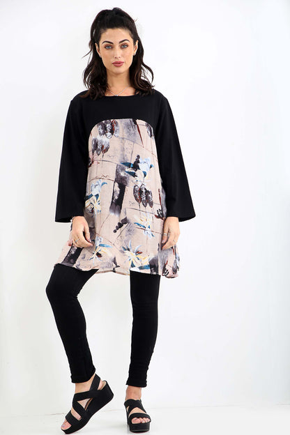 Tunic dress in part black and prints