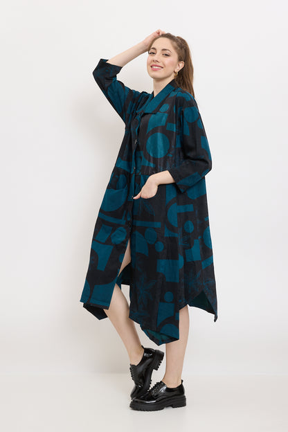 Coat with blue geometric and floral shapes