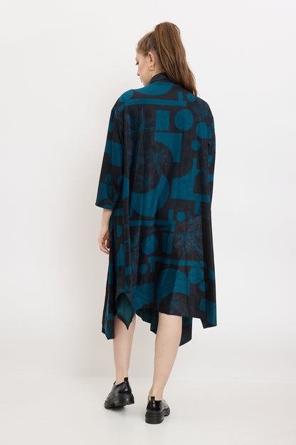 Coat with blue geometric and floral shapes