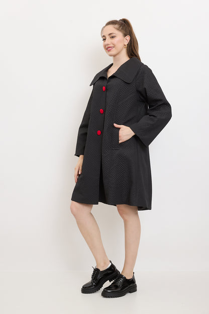 Coat with red buttons and checkered texture