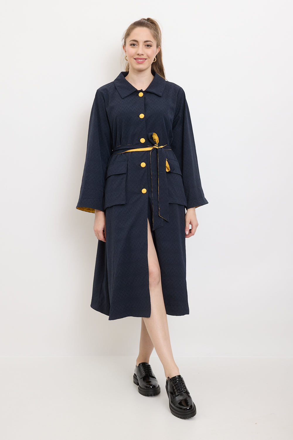 Blue coat with yellow touches