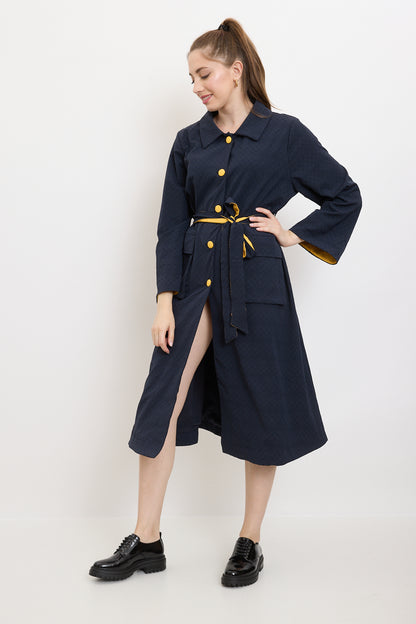 Blue coat with yellow touches