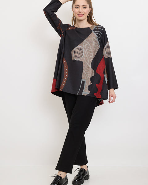 Blouse aux motifs modernes noirs, rouges et marrons