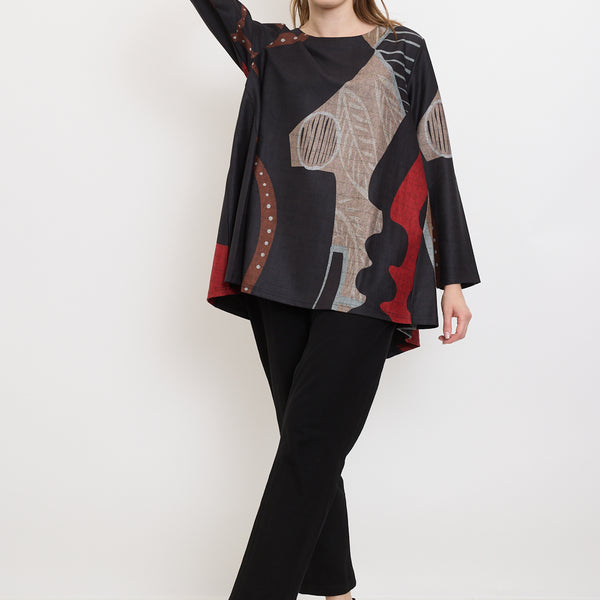 Blouse aux motifs modernes noirs, rouges et marrons