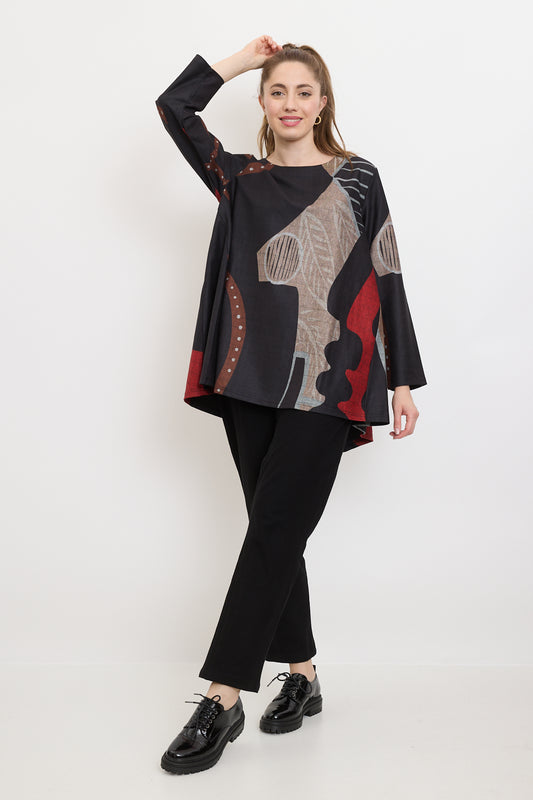 Blouse aux motifs modernes noirs, rouges et marrons