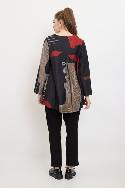 Blouse with modern black, red and brown patterns