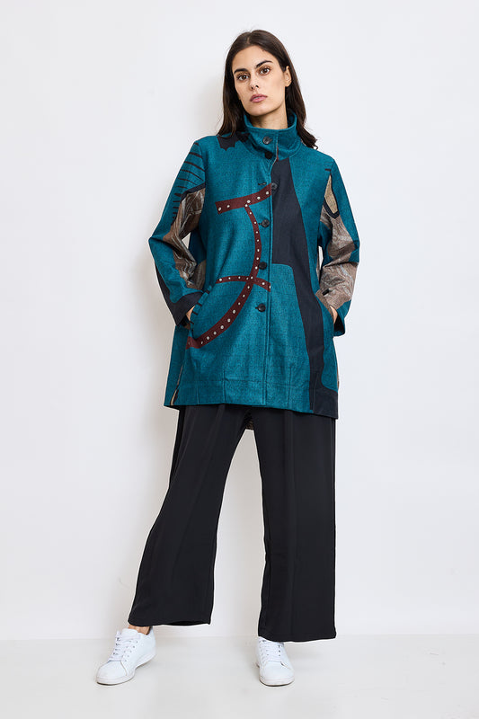 Tunic shirt with modern black, red and brown patterns