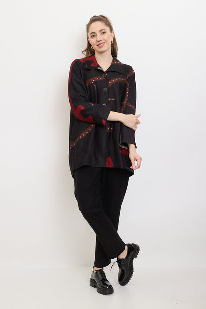 Tunic shirt with modern black, red and brown patterns