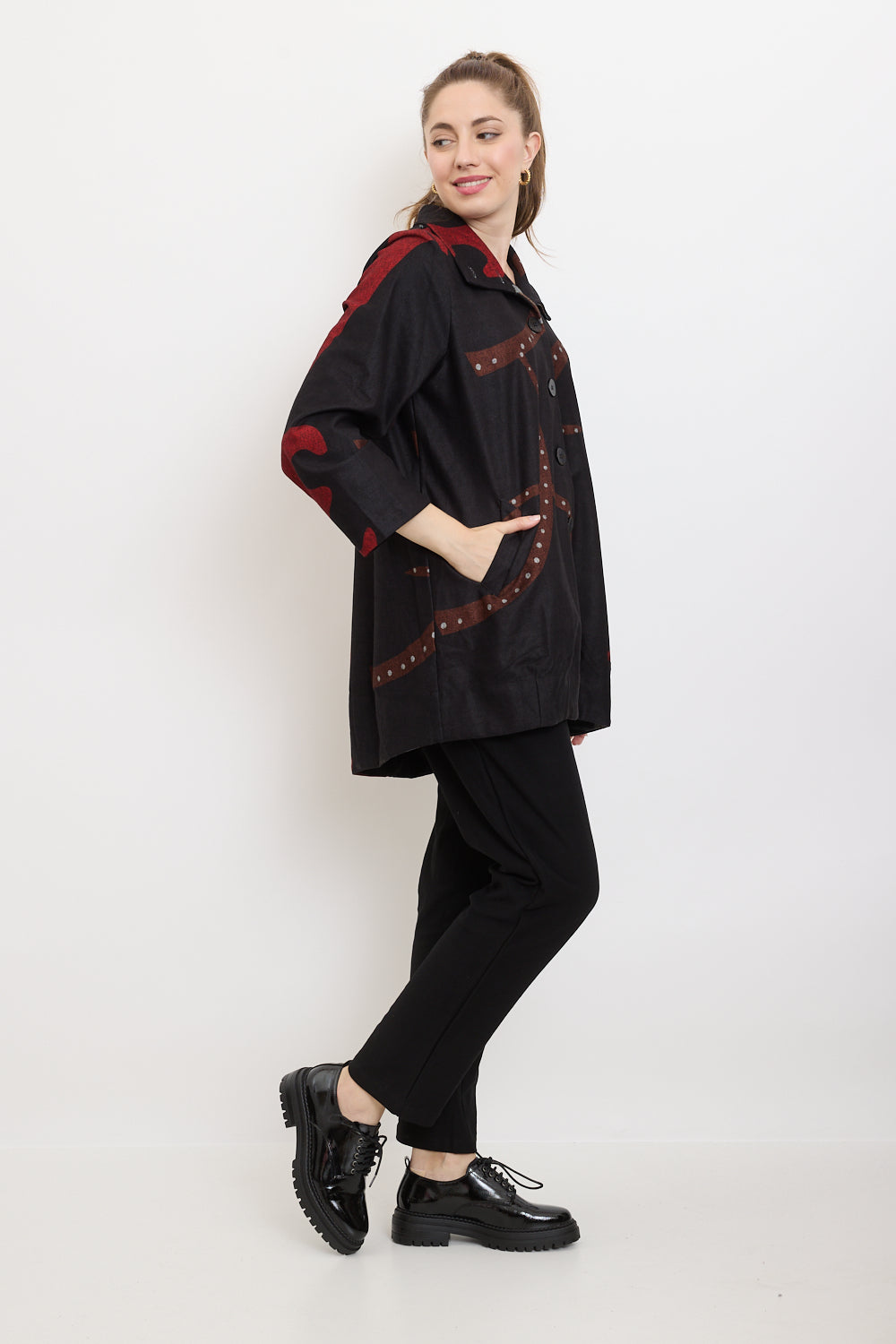 Tunic shirt with modern black, red and brown patterns