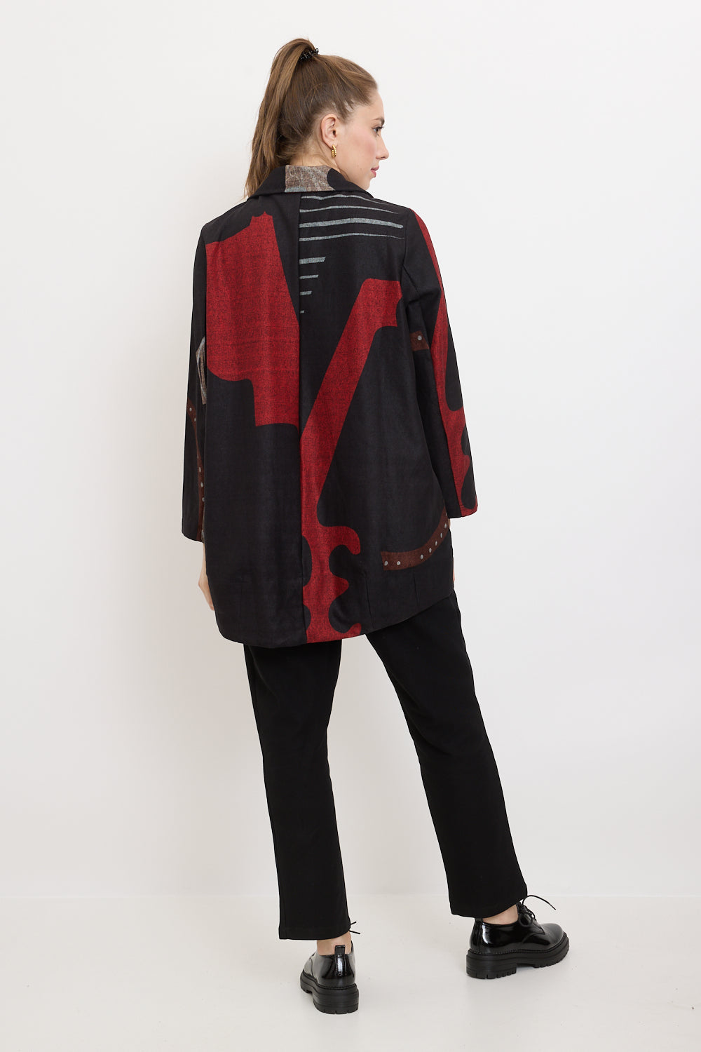 Tunic shirt with modern black, red and brown patterns