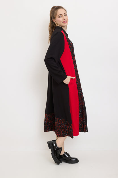 Long shirt dress with red leaves and white pappus